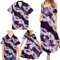 Puakenikeni Maile Lei Family Matching Summer Maxi Dress and Hawaiian Shirt Frangipani Purple Tropical Leaves