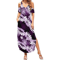Puakenikeni Maile Lei Family Matching Summer Maxi Dress and Hawaiian Shirt Frangipani Purple Tropical Leaves