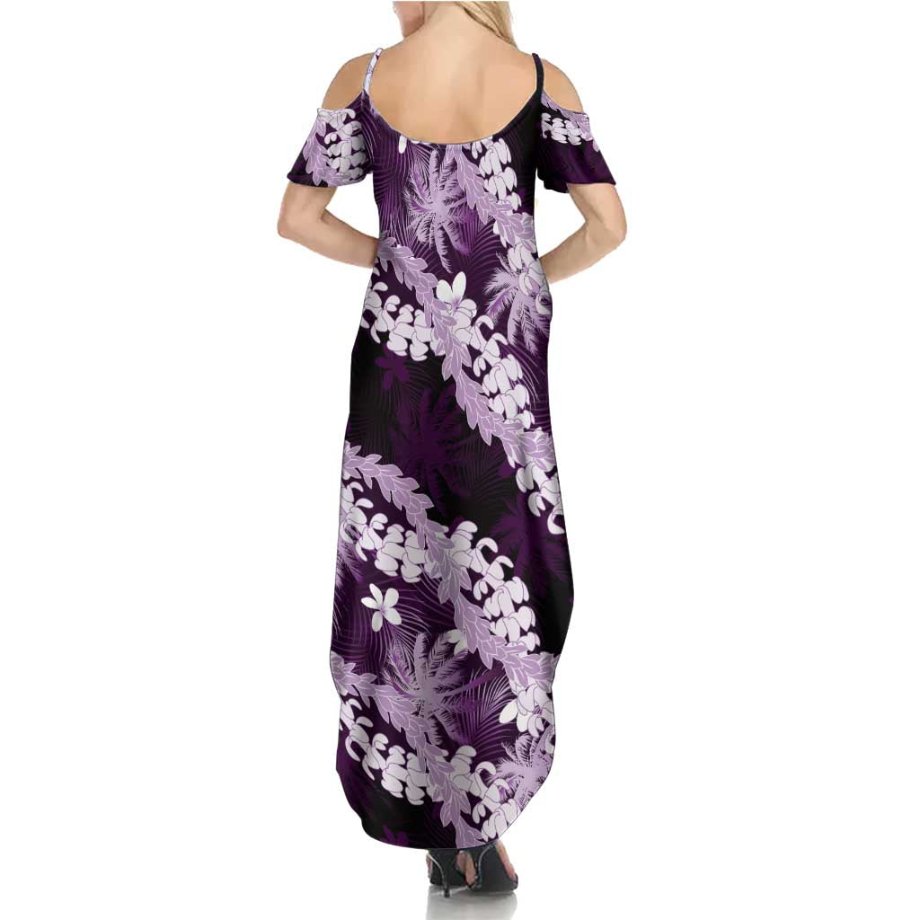 Puakenikeni Maile Lei Family Matching Summer Maxi Dress and Hawaiian Shirt Frangipani Purple Tropical Leaves