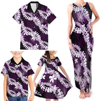 Puakenikeni Maile Lei Family Matching Tank Maxi Dress and Hawaiian Shirt Frangipani Purple Tropical Leaves