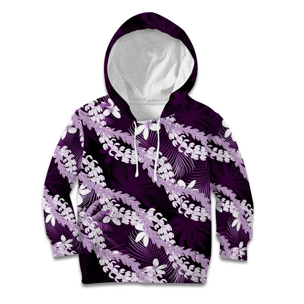 Puakenikeni Maile Lei Kid Hoodie Frangipani Purple Tropical Leaves