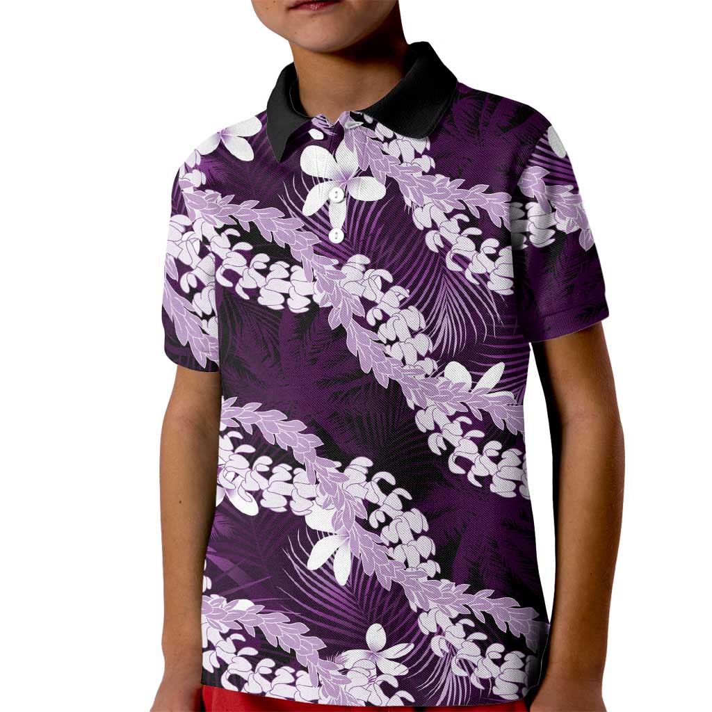 Puakenikeni Maile Lei Kid Polo Shirt Frangipani Purple Tropical Leaves