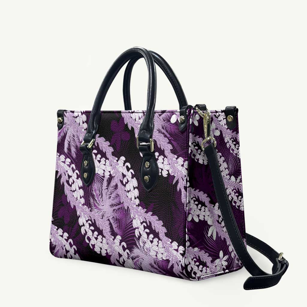 Puakenikeni Maile Lei Leather Bag Frangipani Purple Tropical Leaves
