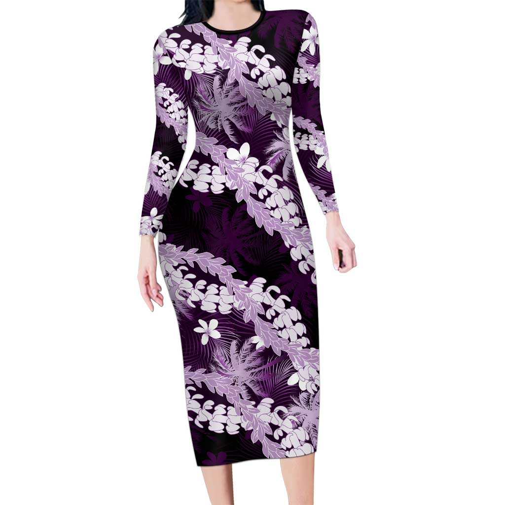 Puakenikeni Maile Lei Long Sleeve Bodycon Dress Frangipani Purple Tropical Leaves