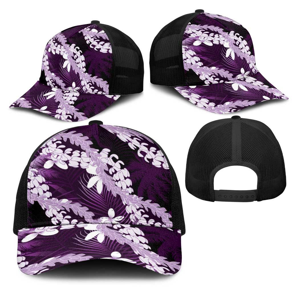 Puakenikeni Maile Lei Mesh Trucker Cap Frangipani Purple Tropical Leaves