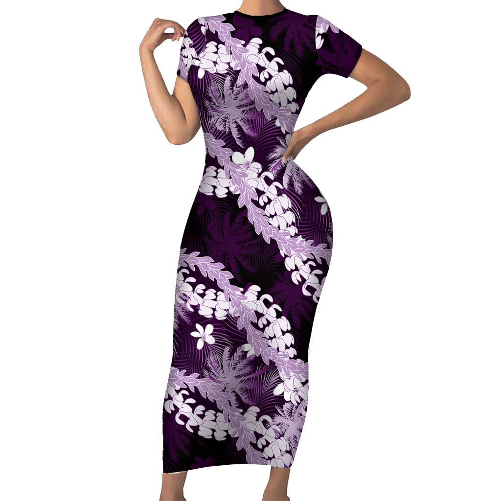 Puakenikeni Maile Lei Short Sleeve Bodycon Dress Frangipani Purple Tropical Leaves