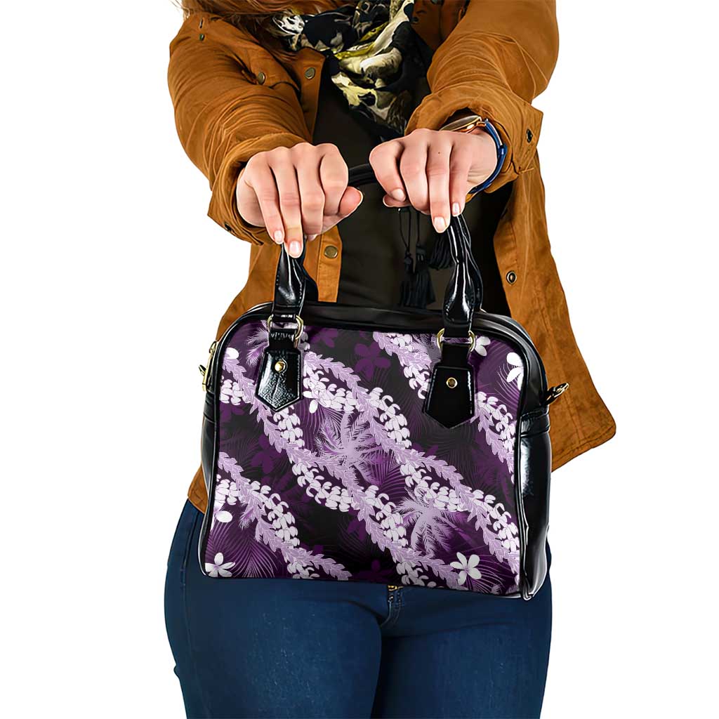 Puakenikeni Maile Lei Shoulder Handbag Frangipani Purple Tropical Leaves