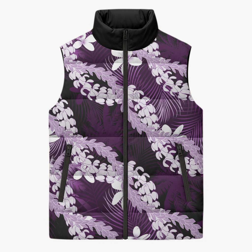 Puakenikeni Maile Lei Sleeveless Puffer Jacket Frangipani Purple Tropical Leaves