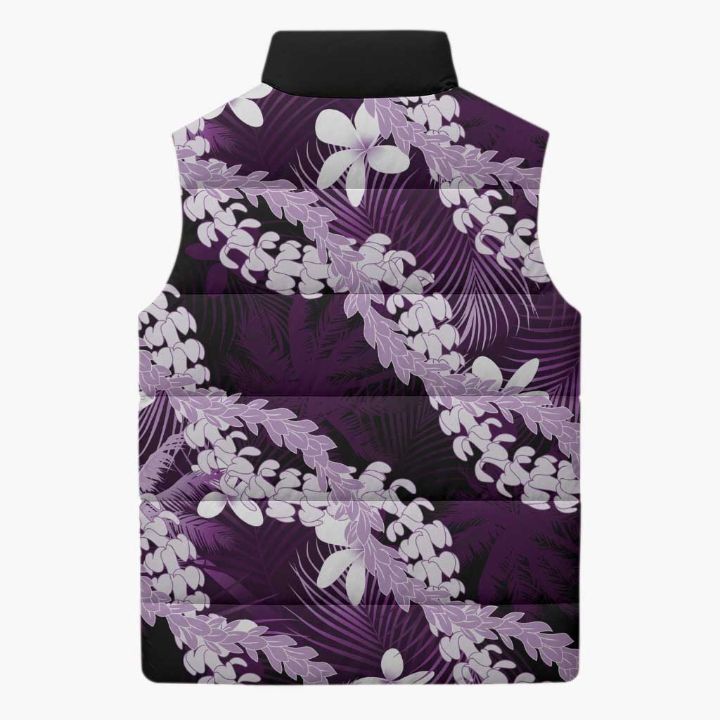 Puakenikeni Maile Lei Sleeveless Puffer Jacket Frangipani Purple Tropical Leaves