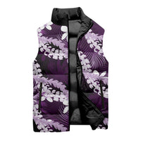 Puakenikeni Maile Lei Sleeveless Puffer Jacket Frangipani Purple Tropical Leaves