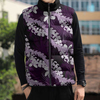 Puakenikeni Maile Lei Sleeveless Puffer Jacket Frangipani Purple Tropical Leaves
