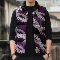 Puakenikeni Maile Lei Sleeveless Puffer Jacket Frangipani Purple Tropical Leaves