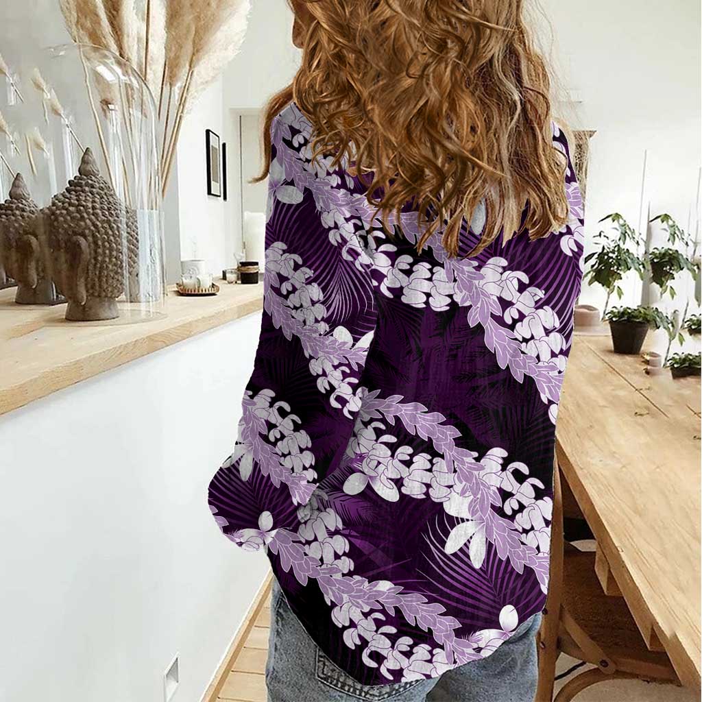 Puakenikeni Maile Lei Women Casual Shirt Frangipani Purple Tropical Leaves LT01 - Polynesian Pride