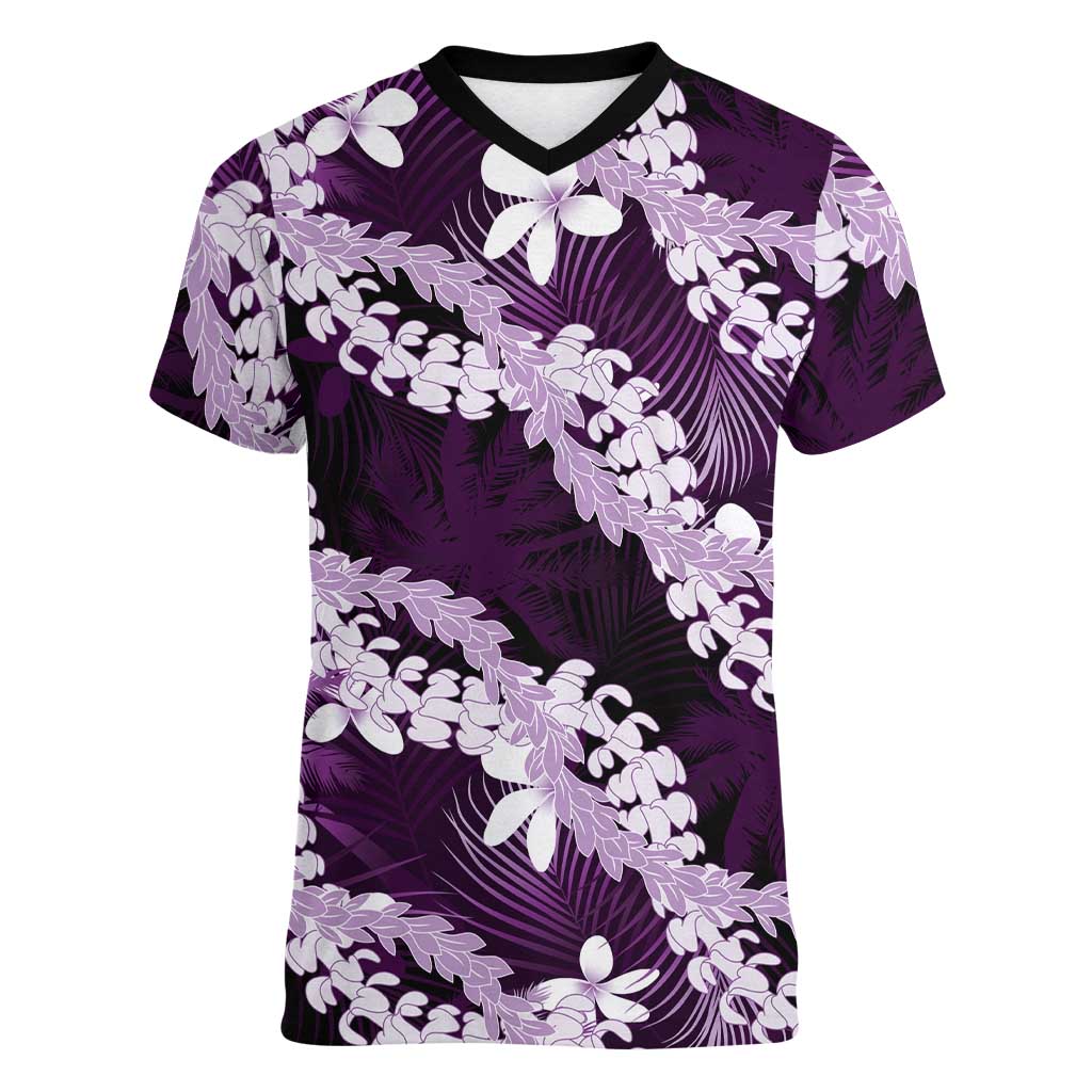 Puakenikeni Maile Lei Women V-Neck T-Shirt Frangipani Purple Tropical Leaves