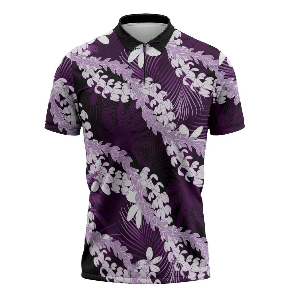 Puakenikeni Maile Lei Zipper Polo Shirt Frangipani Purple Tropical Leaves LT01 Purple - Polynesian Pride