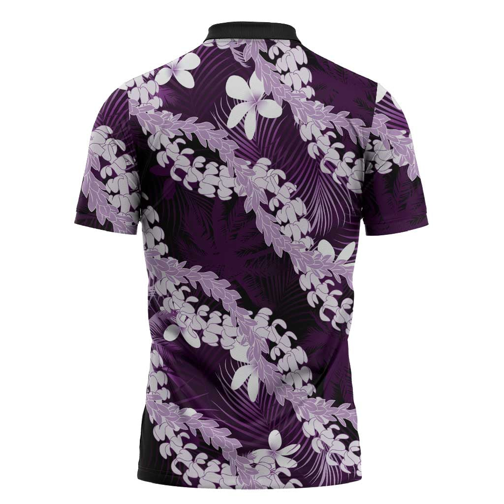 Puakenikeni Maile Lei Zipper Polo Shirt Frangipani Purple Tropical Leaves LT01 - Polynesian Pride