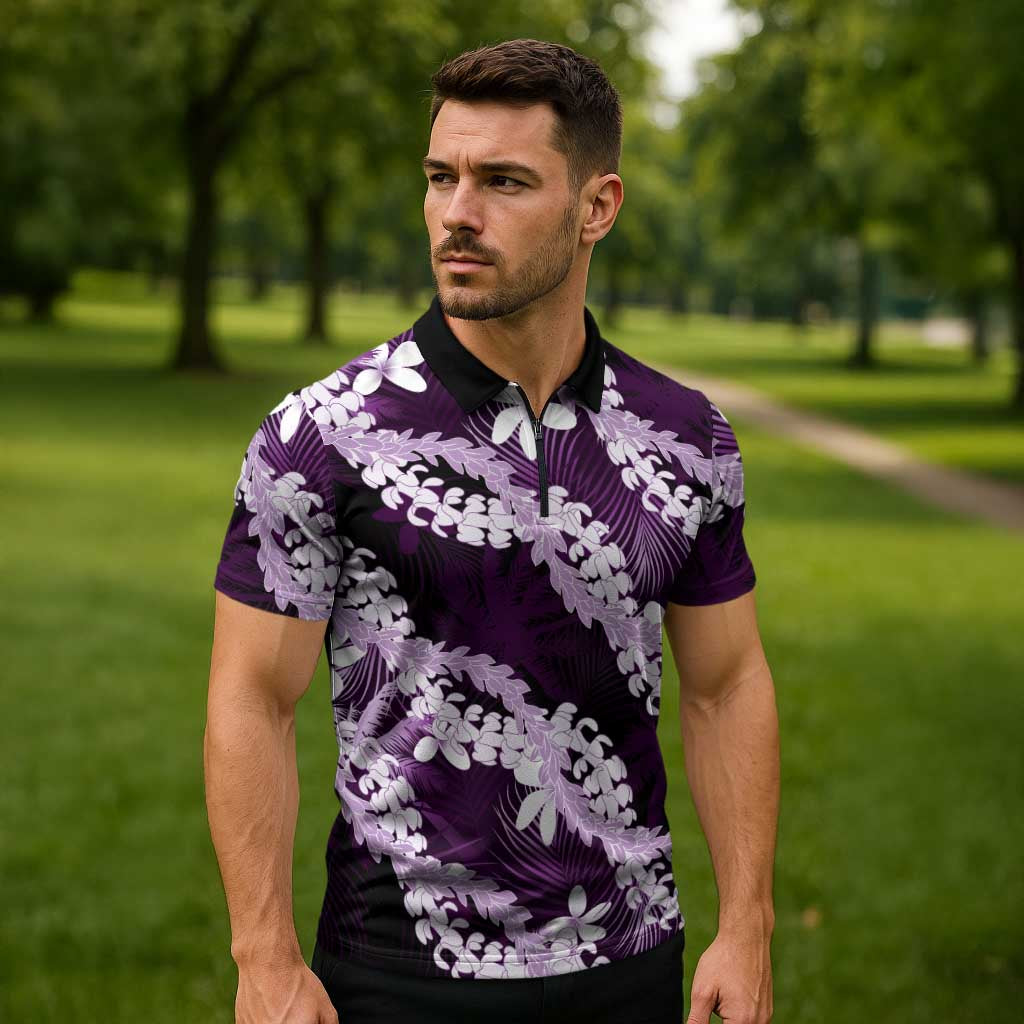 Puakenikeni Maile Lei Zipper Polo Shirt Frangipani Purple Tropical Leaves LT01 - Polynesian Pride