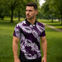 Puakenikeni Maile Lei Zipper Polo Shirt Frangipani Purple Tropical Leaves LT01 - Polynesian Pride