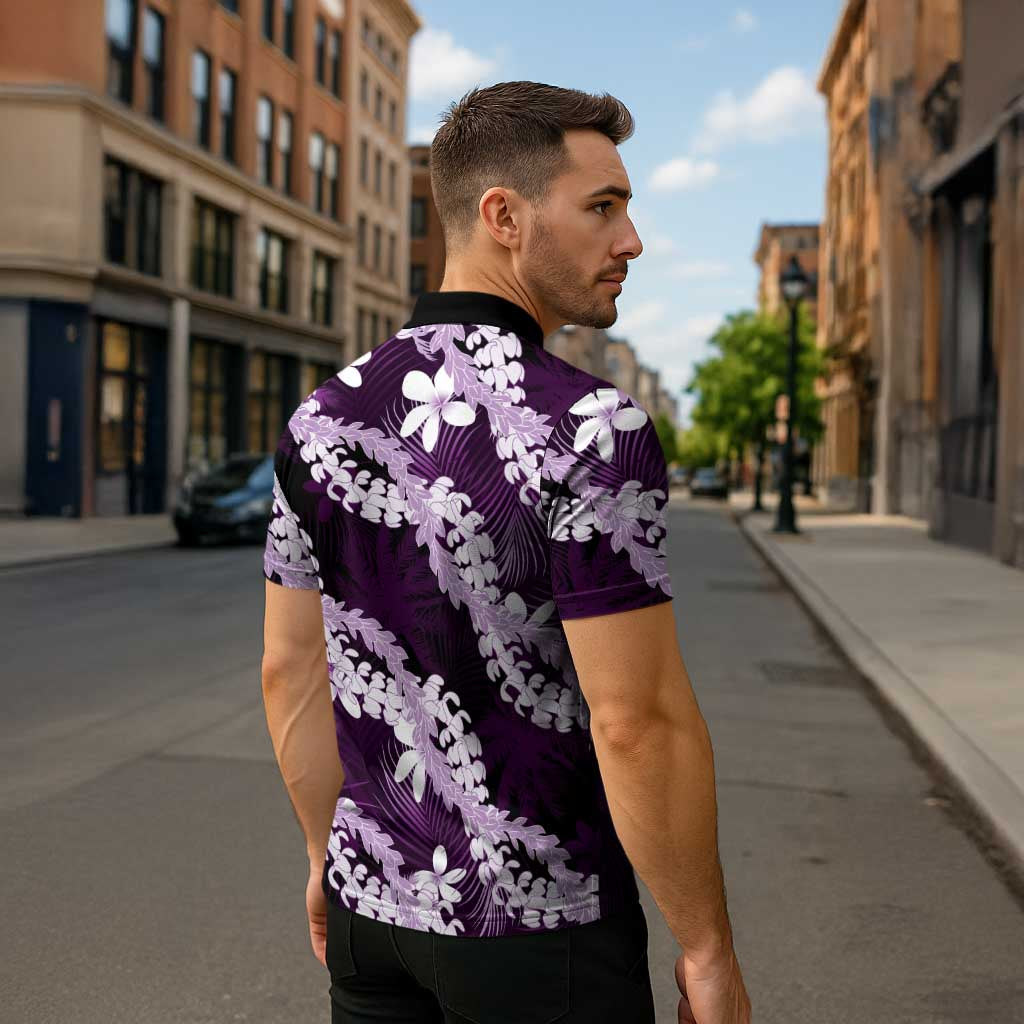 Puakenikeni Maile Lei Zipper Polo Shirt Frangipani Purple Tropical Leaves LT01 - Polynesian Pride