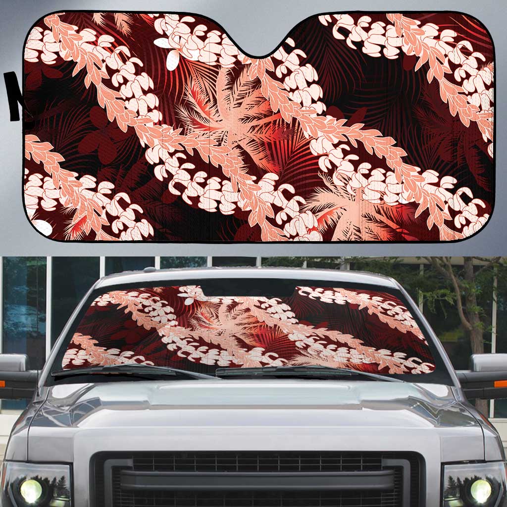 Puakenikeni Maile Lei Auto Sun Shade Frangipani Red Tropical Leaves