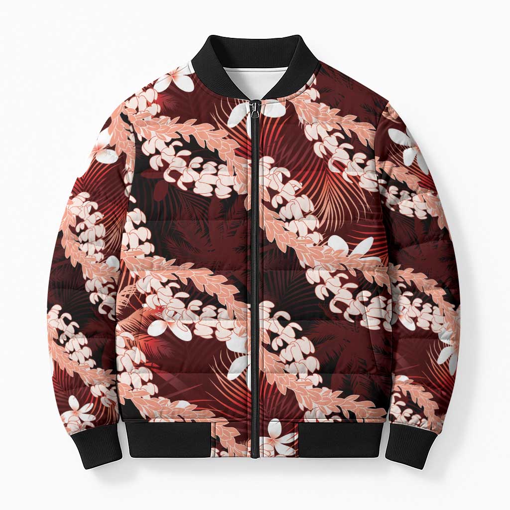 Puakenikeni Maile Lei Bomber Puffer Jacket Frangipani Red Tropical Leaves