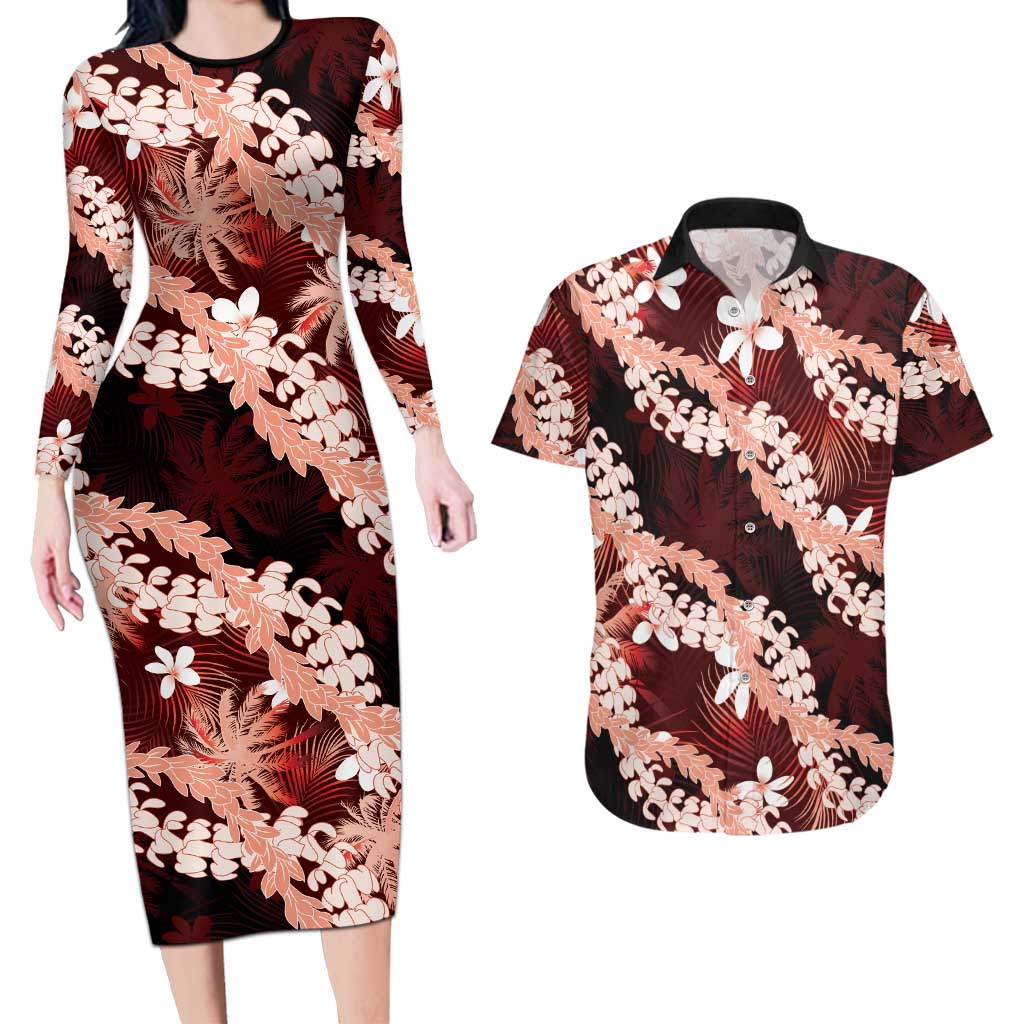 Puakenikeni Maile Lei Couples Matching Long Sleeve Bodycon Dress and Hawaiian Shirt Frangipani Red Tropical Leaves
