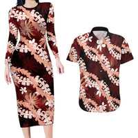 Puakenikeni Maile Lei Couples Matching Long Sleeve Bodycon Dress and Hawaiian Shirt Frangipani Red Tropical Leaves