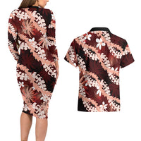 Puakenikeni Maile Lei Couples Matching Long Sleeve Bodycon Dress and Hawaiian Shirt Frangipani Red Tropical Leaves