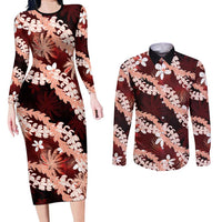 Puakenikeni Maile Lei Couples Matching Long Sleeve Bodycon Dress and Long Sleeve Button Shirt Frangipani Red Tropical Leaves