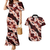 Puakenikeni Maile Lei Couples Matching Mermaid Dress and Hawaiian Shirt Frangipani Red Tropical Leaves LT01 Red - Polynesian Pride