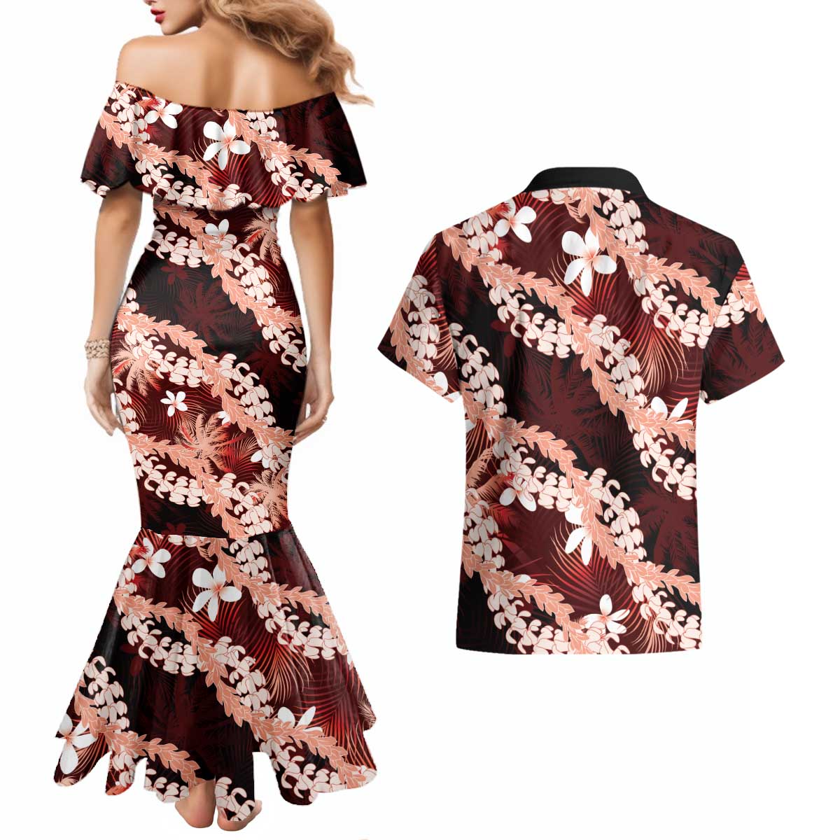 Puakenikeni Maile Lei Couples Matching Mermaid Dress and Hawaiian Shirt Frangipani Red Tropical Leaves LT01 - Polynesian Pride