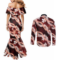 Puakenikeni Maile Lei Couples Matching Mermaid Dress and Long Sleeve Button Shirt Frangipani Red Tropical Leaves