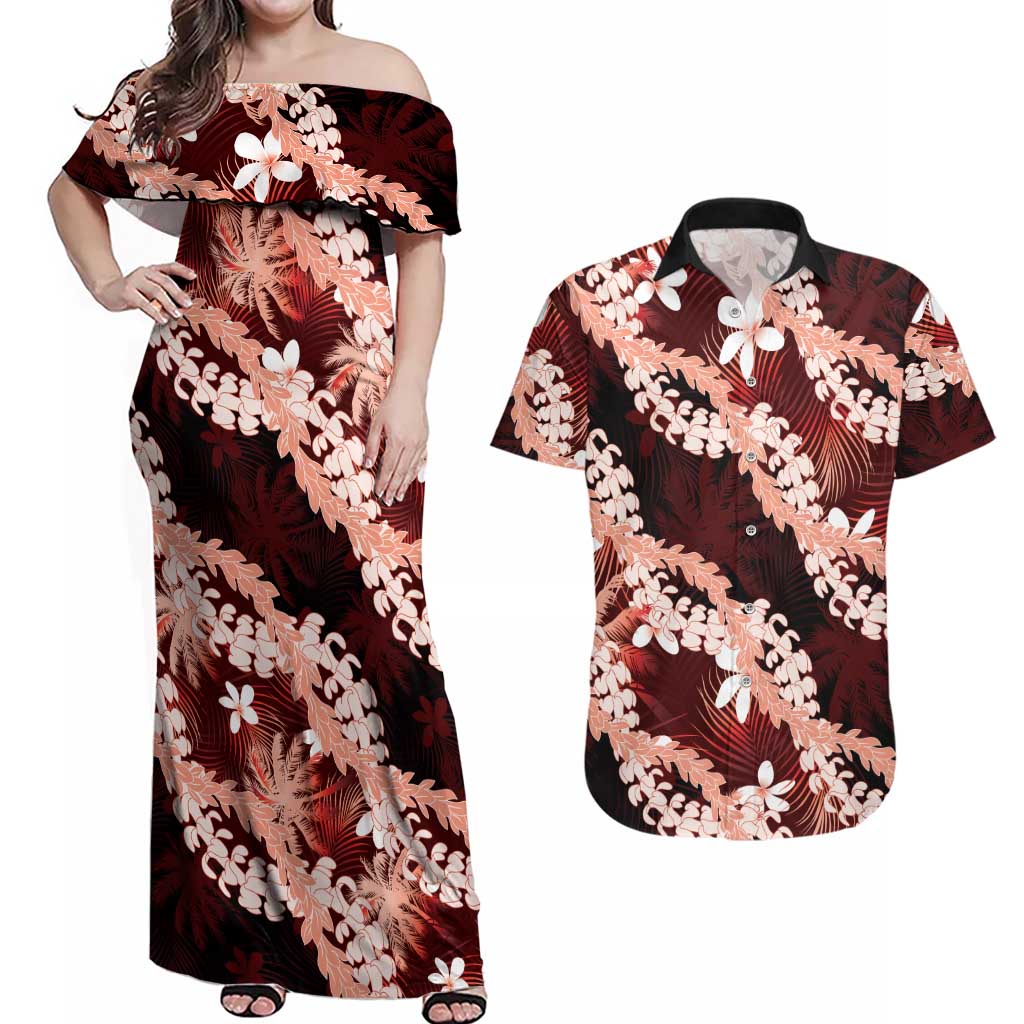 Puakenikeni Maile Lei Couples Matching Off Shoulder Maxi Dress and Hawaiian Shirt Frangipani Red Tropical Leaves