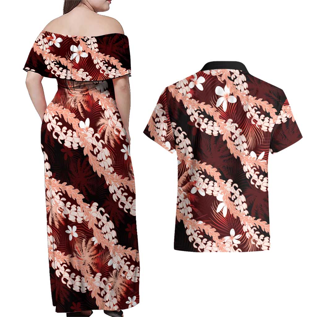 Puakenikeni Maile Lei Couples Matching Off Shoulder Maxi Dress and Hawaiian Shirt Frangipani Red Tropical Leaves
