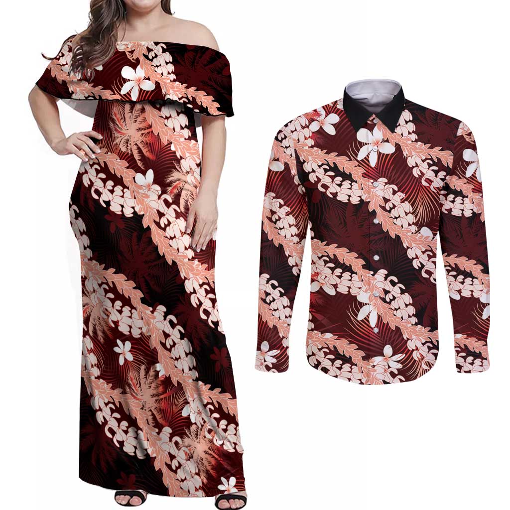 Puakenikeni Maile Lei Couples Matching Off Shoulder Maxi Dress and Long Sleeve Button Shirt Frangipani Red Tropical Leaves