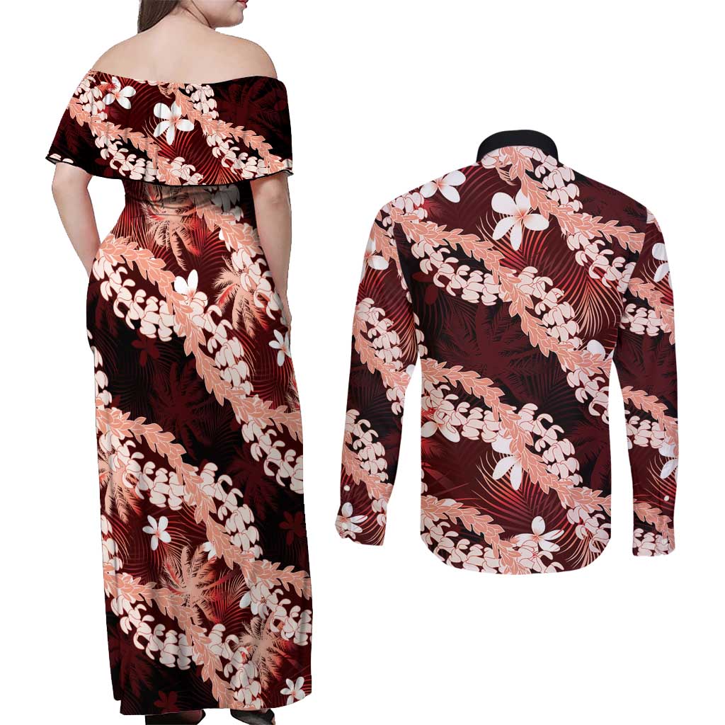 Puakenikeni Maile Lei Couples Matching Off Shoulder Maxi Dress and Long Sleeve Button Shirt Frangipani Red Tropical Leaves LT01 - Polynesian Pride