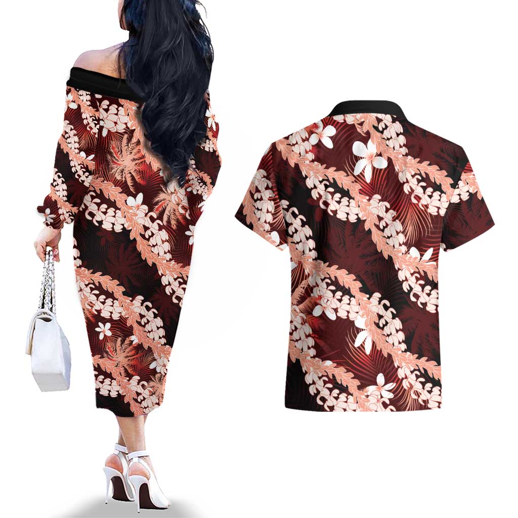 Puakenikeni Maile Lei Couples Matching Off The Shoulder Long Sleeve Dress and Hawaiian Shirt Frangipani Red Tropical Leaves