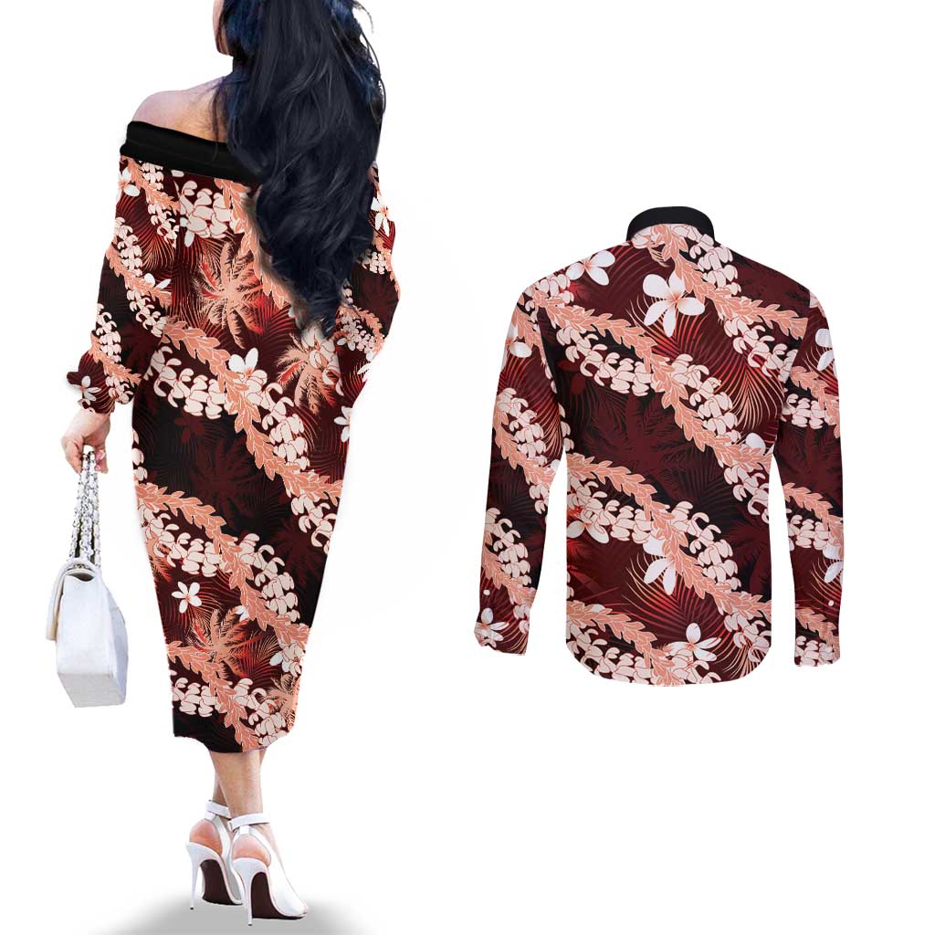 Puakenikeni Maile Lei Couples Matching Off The Shoulder Long Sleeve Dress and Long Sleeve Button Shirt Frangipani Red Tropical Leaves