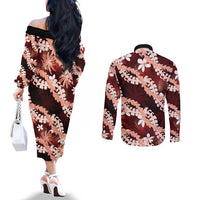 Puakenikeni Maile Lei Couples Matching Off The Shoulder Long Sleeve Dress and Long Sleeve Button Shirt Frangipani Red Tropical Leaves