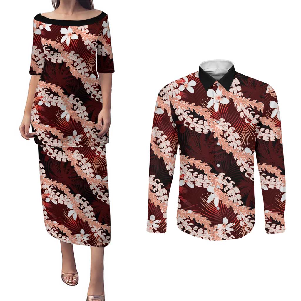 Puakenikeni Maile Lei Couples Matching Puletasi and Long Sleeve Button Shirt Frangipani Red Tropical Leaves