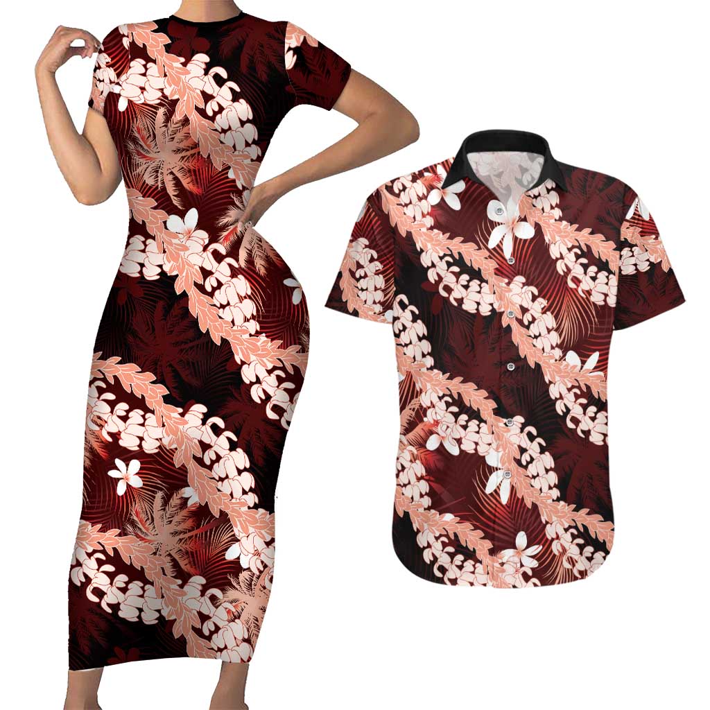 Puakenikeni Maile Lei Couples Matching Short Sleeve Bodycon Dress and Hawaiian Shirt Frangipani Red Tropical Leaves LT01 Red - Polynesian Pride