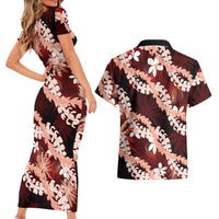 Puakenikeni Maile Lei Couples Matching Short Sleeve Bodycon Dress and Hawaiian Shirt Frangipani Red Tropical Leaves LT01 - Polynesian Pride