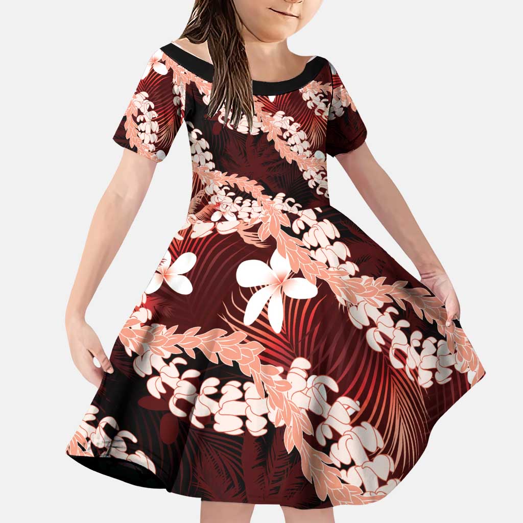 Puakenikeni Maile Lei Family Matching Long Sleeve Bodycon Dress and Hawaiian Shirt Frangipani Red Tropical Leaves