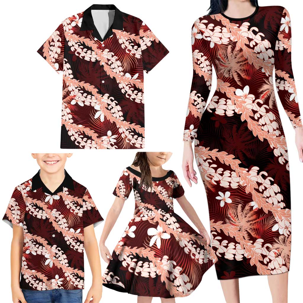 Puakenikeni Maile Lei Family Matching Long Sleeve Bodycon Dress and Hawaiian Shirt Frangipani Red Tropical Leaves