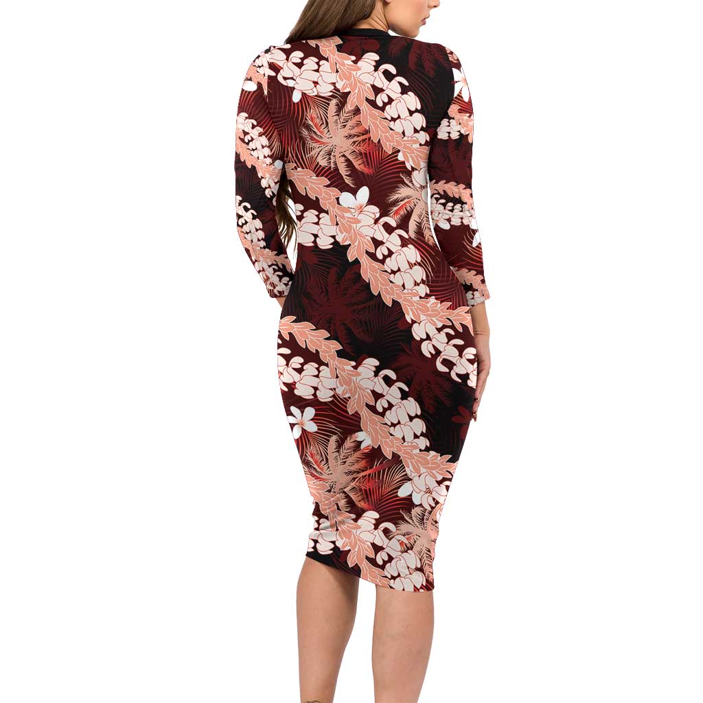 Puakenikeni Maile Lei Family Matching Long Sleeve Bodycon Dress and Hawaiian Shirt Frangipani Red Tropical Leaves