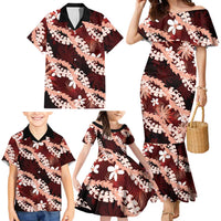 Puakenikeni Maile Lei Family Matching Mermaid Dress and Hawaiian Shirt Frangipani Red Tropical Leaves