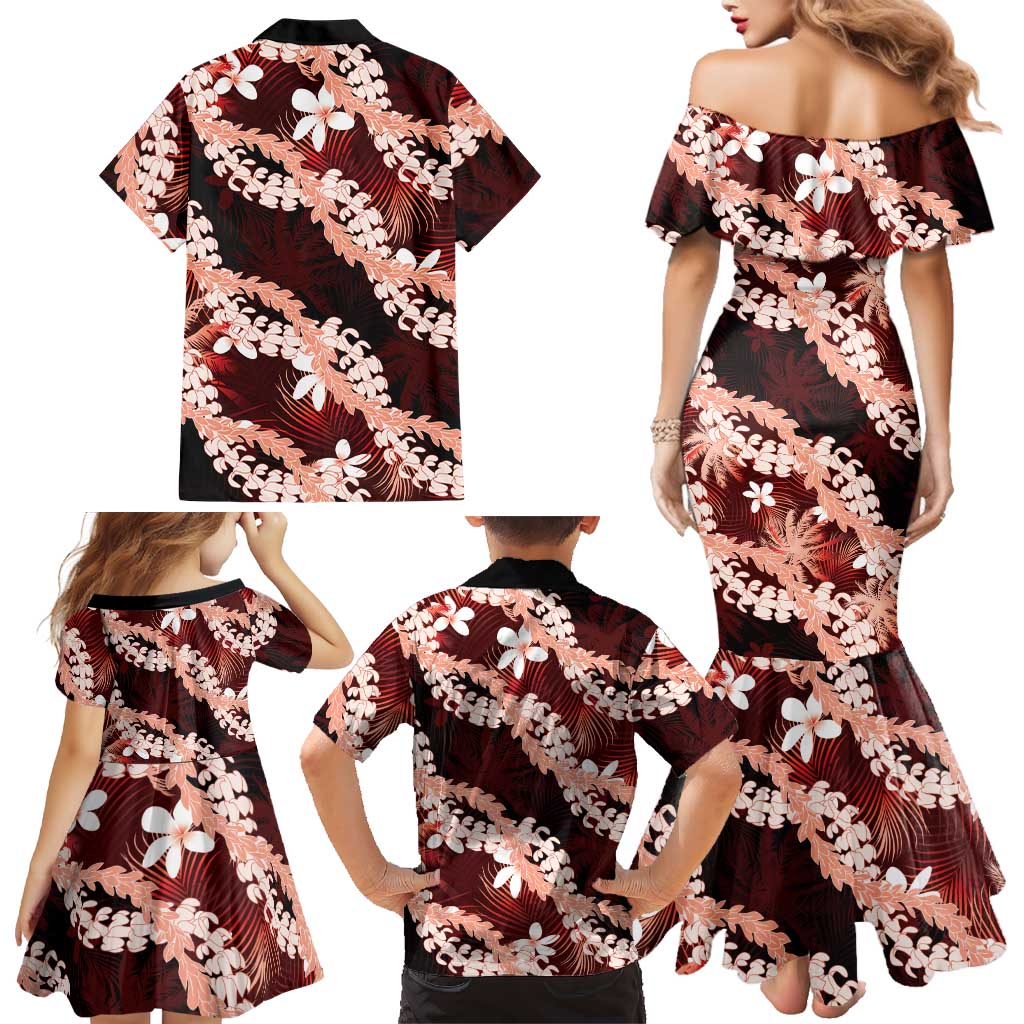 Puakenikeni Maile Lei Family Matching Mermaid Dress and Hawaiian Shirt Frangipani Red Tropical Leaves
