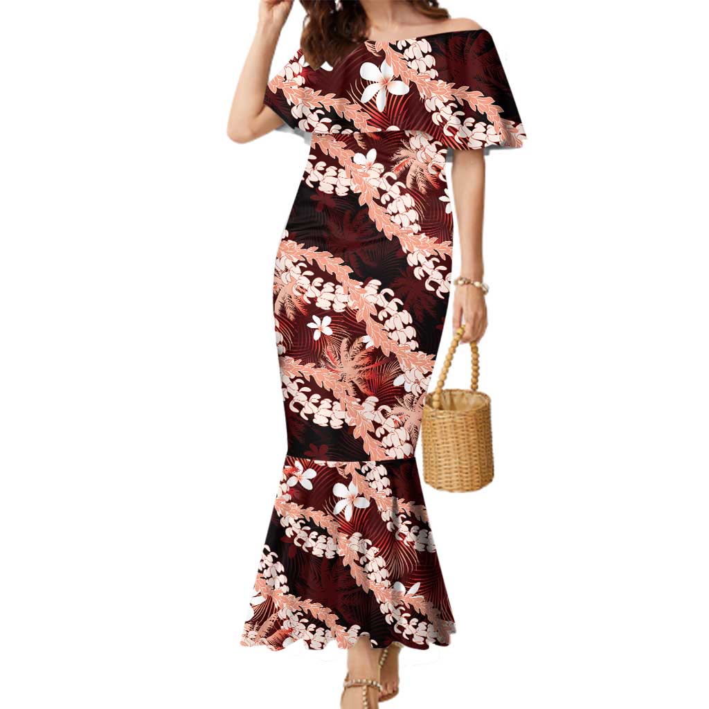 Puakenikeni Maile Lei Family Matching Mermaid Dress and Hawaiian Shirt Frangipani Red Tropical Leaves