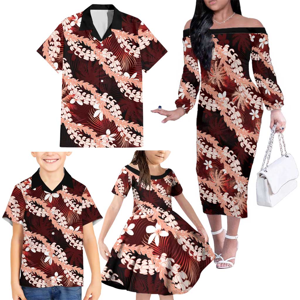 Puakenikeni Maile Lei Family Matching Off The Shoulder Long Sleeve Dress and Hawaiian Shirt Frangipani Red Tropical Leaves