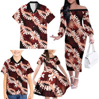 Puakenikeni Maile Lei Family Matching Off The Shoulder Long Sleeve Dress and Hawaiian Shirt Frangipani Red Tropical Leaves